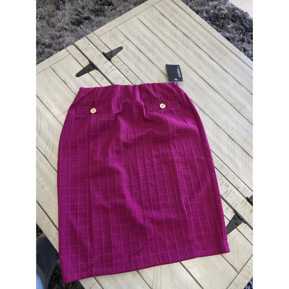 Stitch Collection‎ Sangria Purple Textured Grid Pencil Skirt Gold Buttons Large